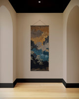 Printworks Tapestry featuring a stunning abstract landscape in deep blues and earthy tones
