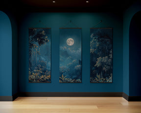 Printworks tapestry featuring a serene moonlit landscape with lush foliage and a calm atmosphere