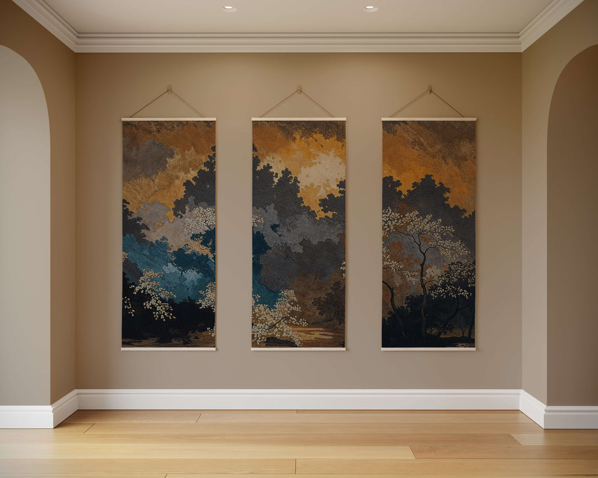 Printworks three-panel tapestry featuring a serene landscape design in rich colours for stylish home decor