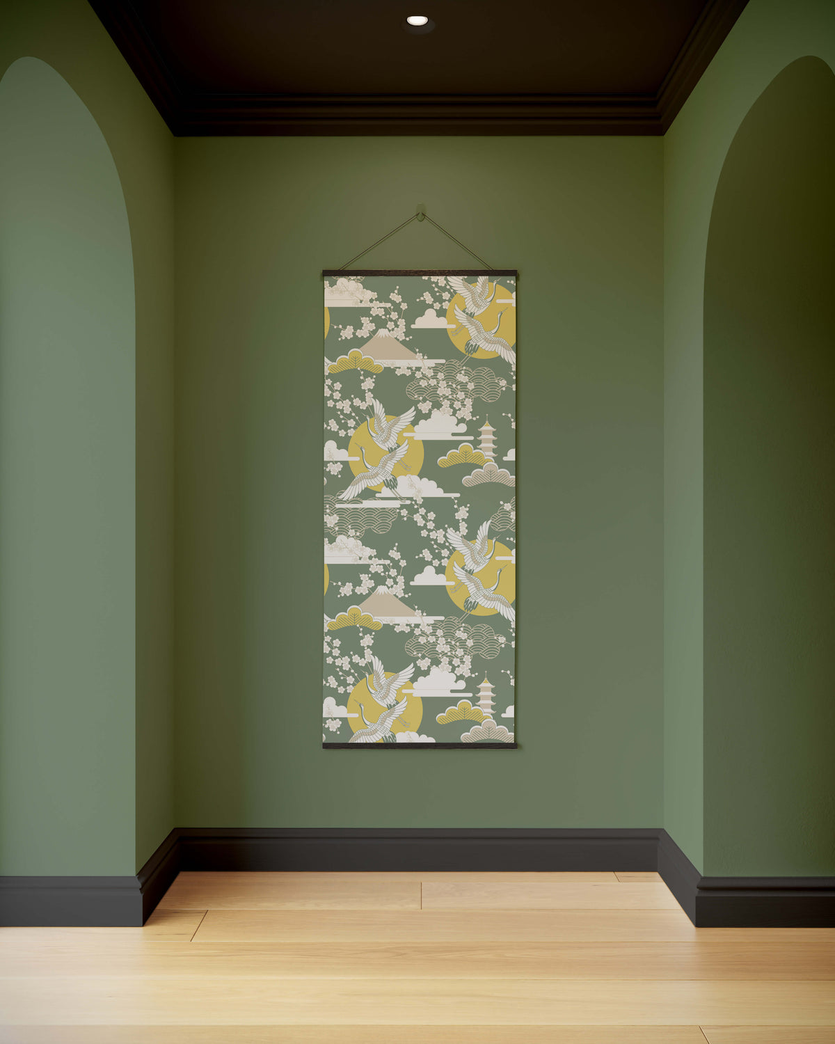 Printworks Tapestry featuring a serene floral landscape design in green and yellow for wall decoration