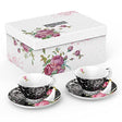 Elegant Tea Cup and Saucer Set in Black with Floral Design, includes a decorative gift box