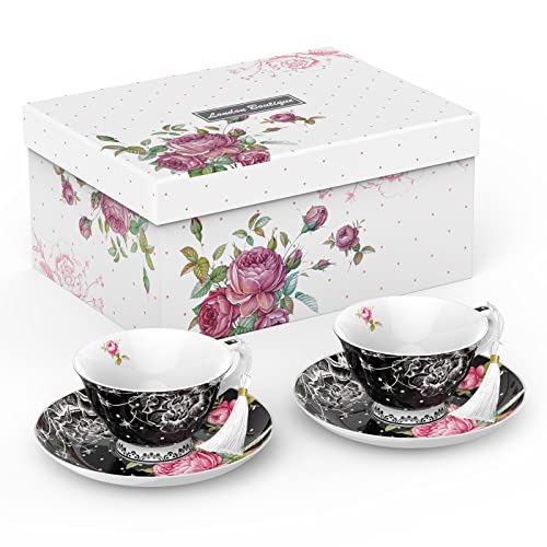 Elegant Tea Cup and Saucer Set in Black with Floral Design, includes a decorative gift box