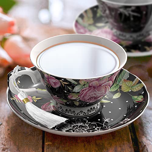 Elegant Tea Cup and Saucer Set with Floral Design on Black Background for Afternoon Tea