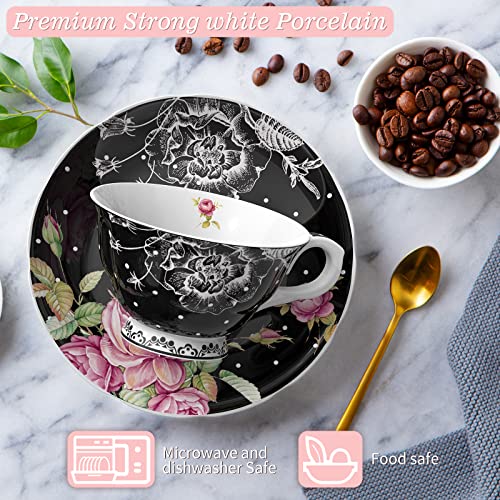 Elegant tea cup and saucer set in black porcelain with floral design, perfect for any tea occasion