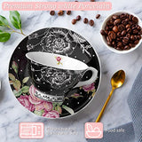 Elegant tea cup and saucer set in black porcelain with floral design, perfect for any tea occasion