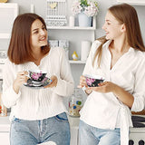 Two women enjoying tea with a floral Tea Cup and Saucer Set in a bright kitchen