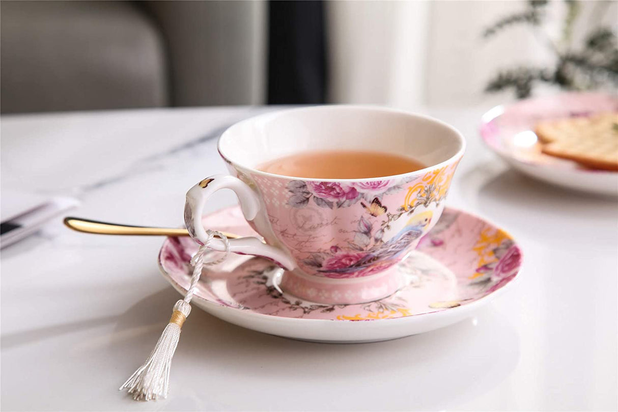 Delicate floral tea cup with matching saucer, perfect for enjoying afternoon tea