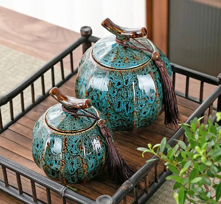 Elegant Nisu Home Tea Jar Set in Turquoise with Unique Textured Finish and Decorative Tassels