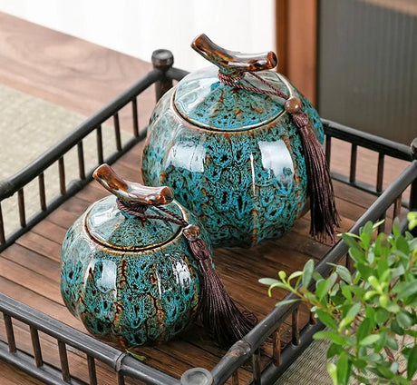 Elegant Nisu Home Tea Jar Set in Turquoise with Unique Textured Finish and Decorative Tassels