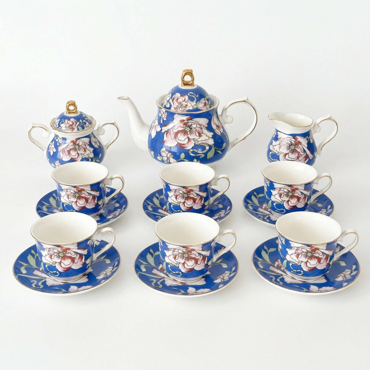 KitchBoom Tea Set with Floral Design Including Teapot, Creamer, Sugar Bowl, and Cups with Saucers