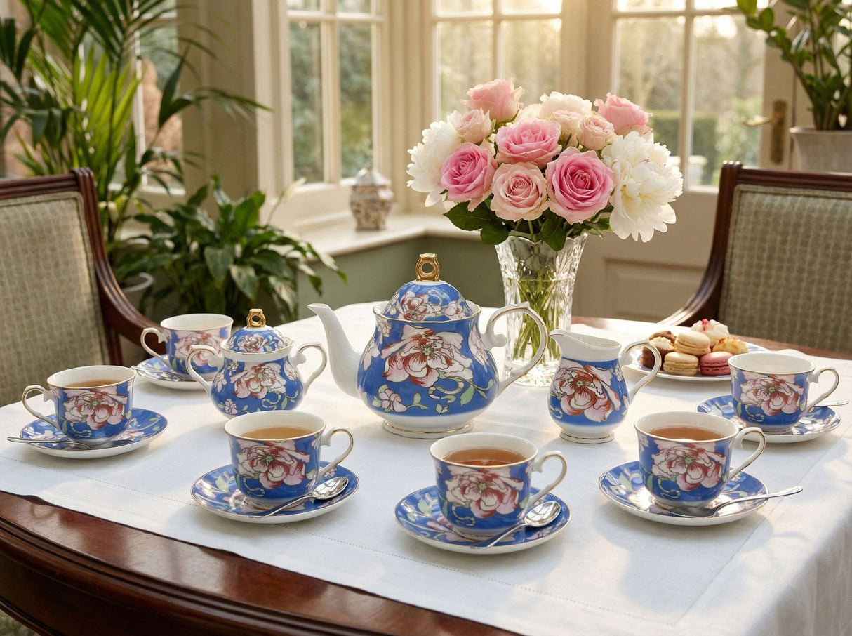 KitchBoom Tea Set featuring a floral teapot and cups, perfect for elegant tea gatherings
