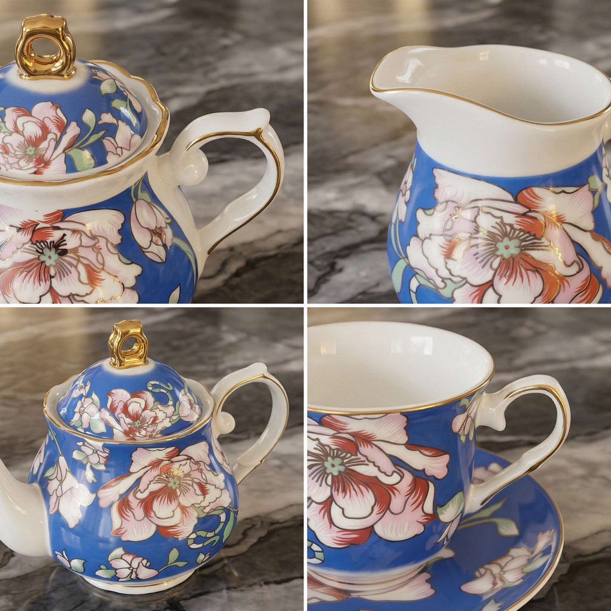 KitchBoom Tea Set featuring floral designs with a teapot, milk jug, and cup on a marble surface