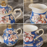 KitchBoom Tea Set featuring floral designs with a teapot, milk jug, and cup on a marble surface