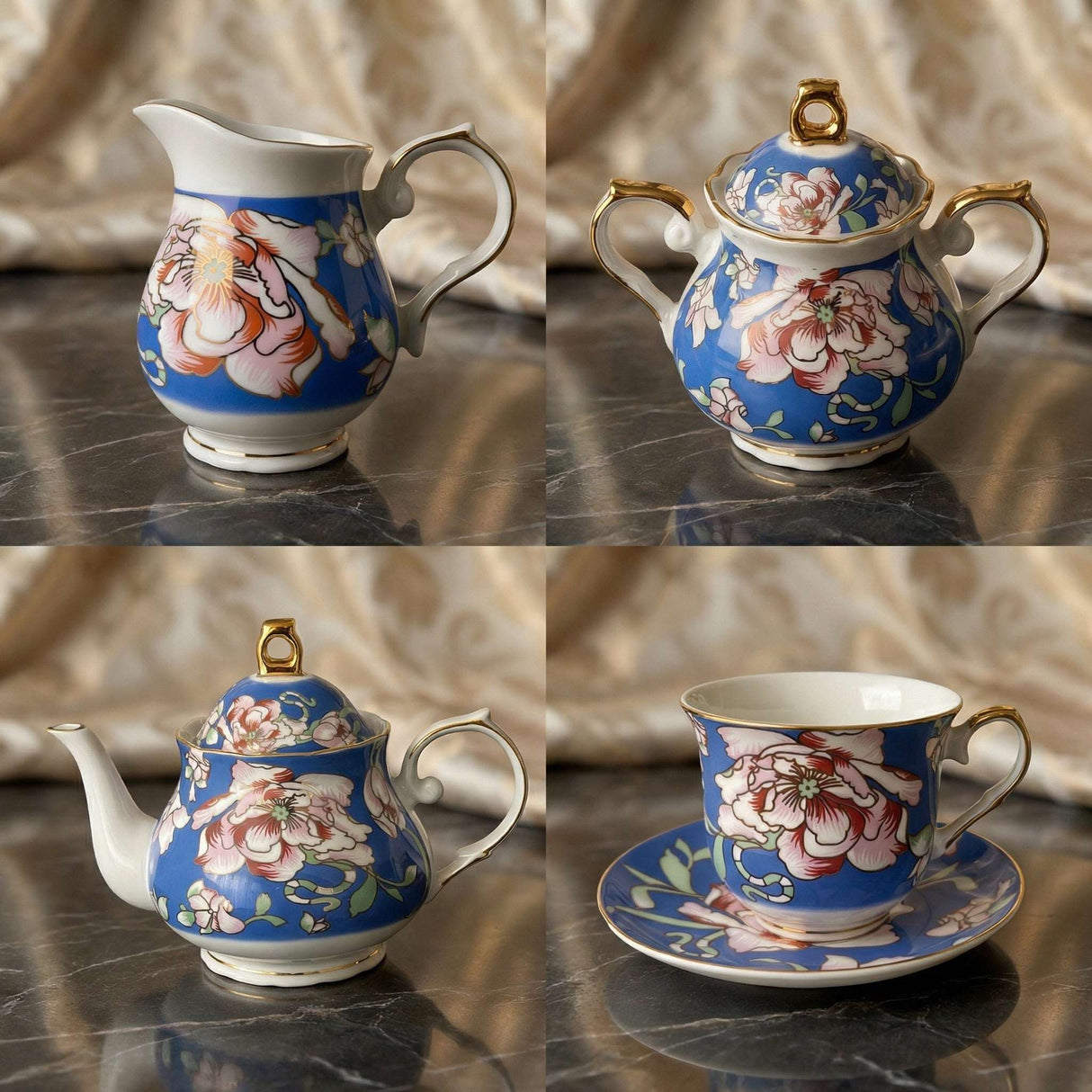 KitchBoom elegant tea set with floral designs, including a teapot, sugar bowl, and cup on a matching saucer