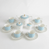 Elegant KitchBoom Tea Set with Blue and White Design, Includes Teapot, Cups, and Saucers