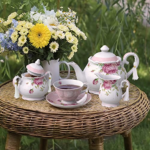 Elegant floral Tea Set from London Boutique Lifestyle with a teapot, cup, saucer, and cream jug