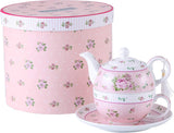 Charming pink floral Tea Set with teapot and saucer, presented in a decorative box