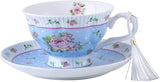 Delicate blue floral tea cups and saucer set featuring pink roses, perfect for elegant tea occasions