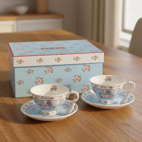 Elegant floral tea cups with matching saucers in a gift box by London Boutique Lifestyle