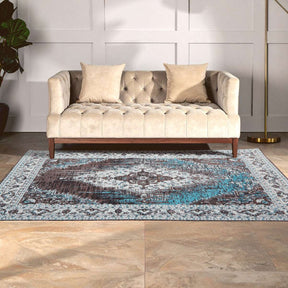 Orsina Teal Rug with intricate patterns, enhancing the elegance of a modern living room decor