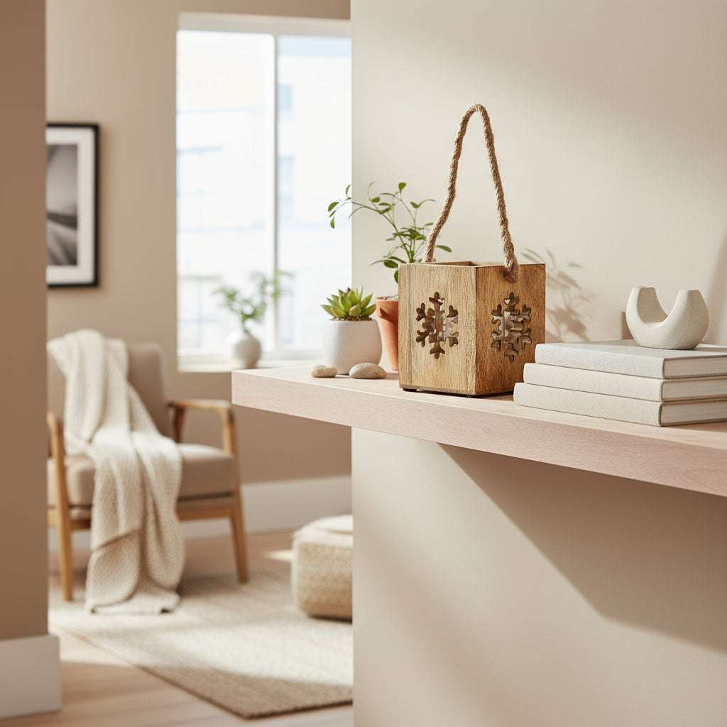 Natural Wooden Small Snowflake Tealight Candle Holder BROWN GLASS Shades 4 Seasons