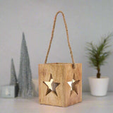 Natural Wooden Large Star Tealight Candle Holder BROWN GLASS Shades 4 Seasons