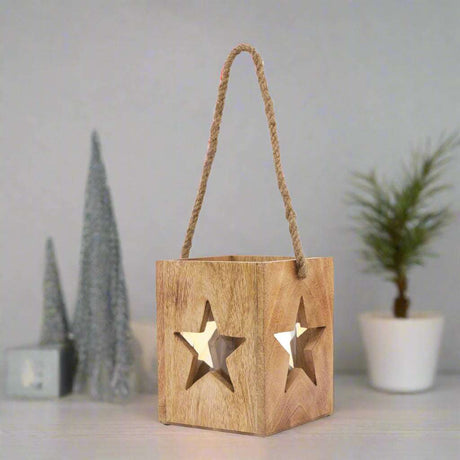 Natural Wooden Large Star Tealight Candle Holder BROWN GLASS Shades 4 Seasons