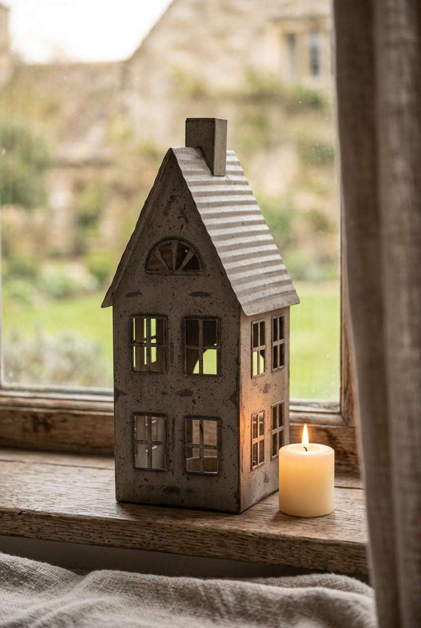 Shades 4 Seasons Tealight Holder in a house design with candle glowing on a wooden window sill
