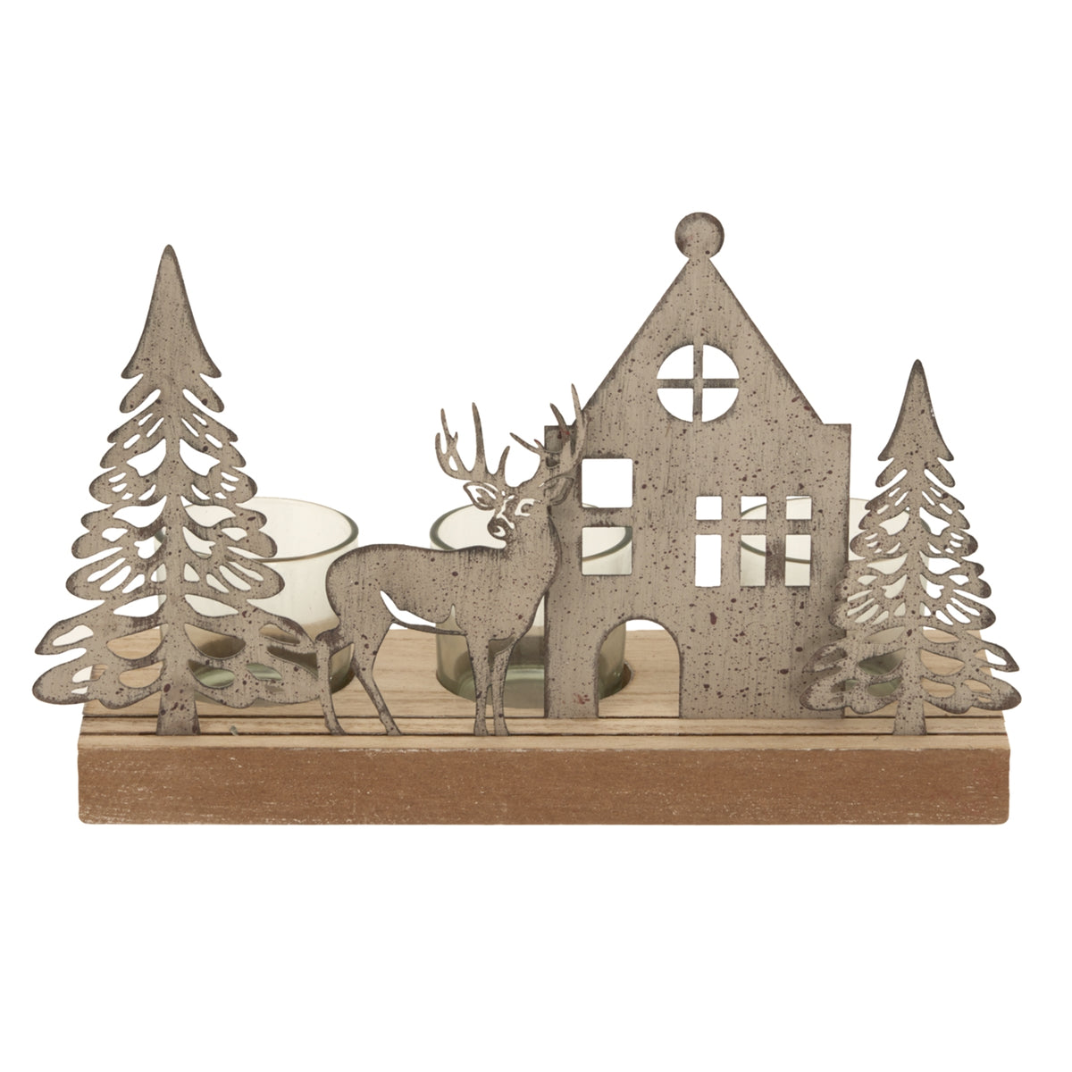 Rustic Christmas tealight holder with deer and tree designs, perfect for festive decor