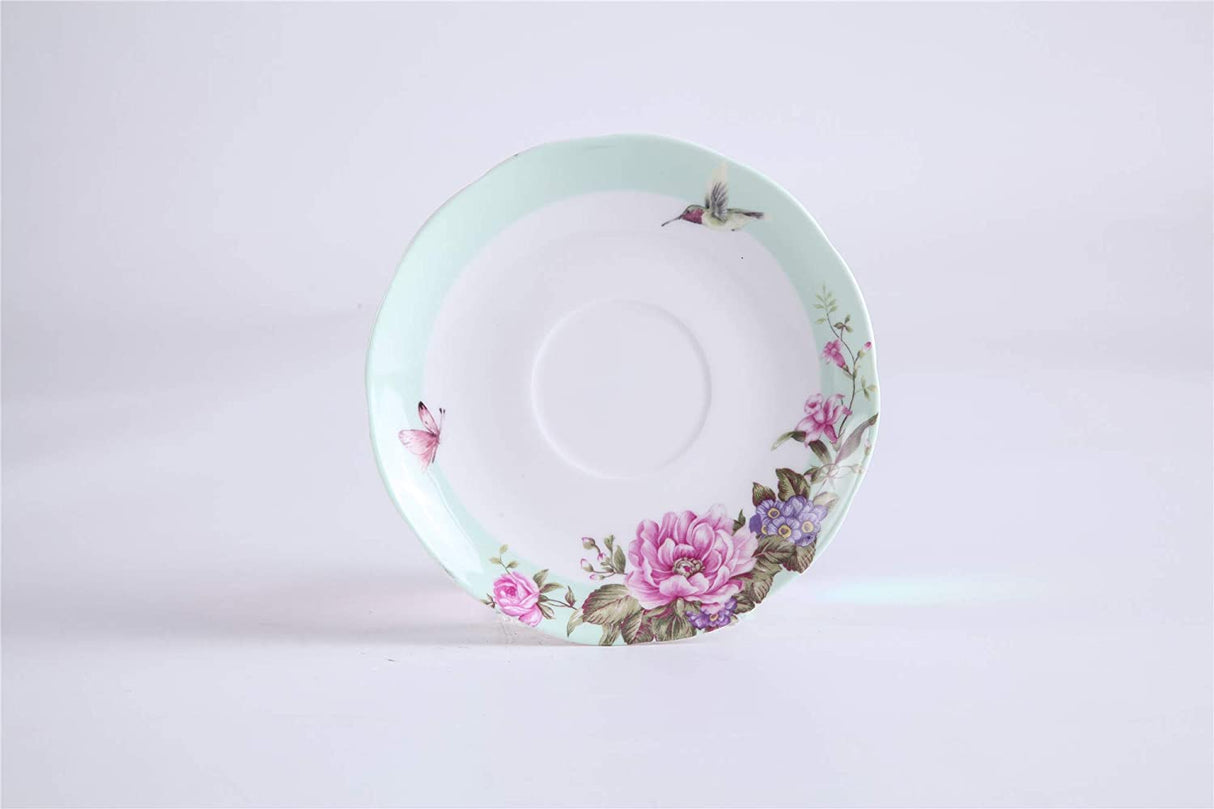 Elegant floral saucer for teapot featuring peonies and hummingbirds in soft colours