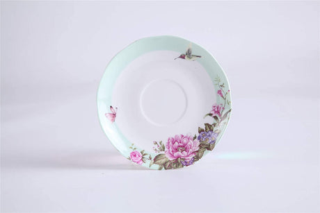 Elegant floral saucer for teapot featuring peonies and hummingbirds in soft colours