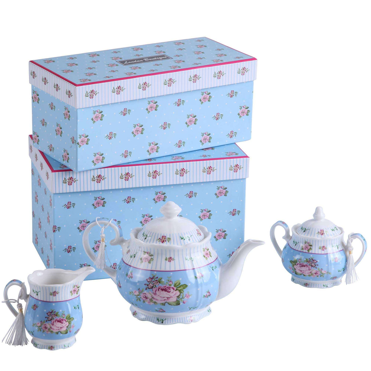 Elegant Teapot Set decorated with floral patterns, includes teapot, sugar bowl, and milk jug in gift boxes