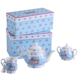 Elegant Teapot Set decorated with floral patterns, includes teapot, sugar bowl, and milk jug in gift boxes