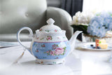 Elegant London Boutique Lifestyle Teapot Set in pastel blue with floral designs for tea parties