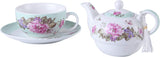 Elegant floral teapot and cup set featuring intricate rose designs, perfect for tea time