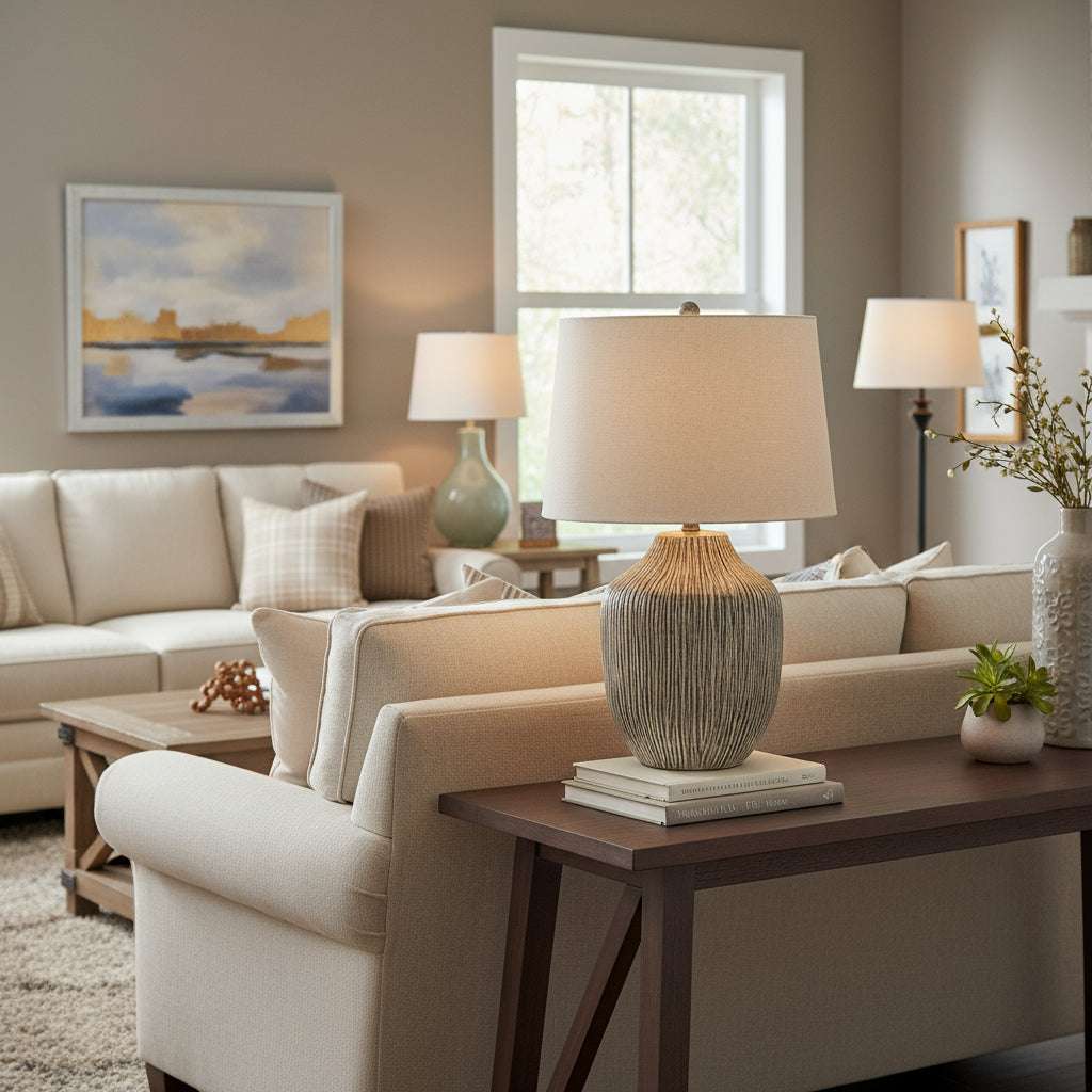 Ochre Carved Textured Table Lamp With Linen Shade BROWN RESIN Shades 4 Seasons