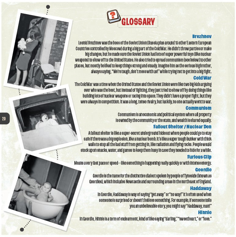 Glossary page with vintage photos and text about The Milling Street Tales and Cold War terms