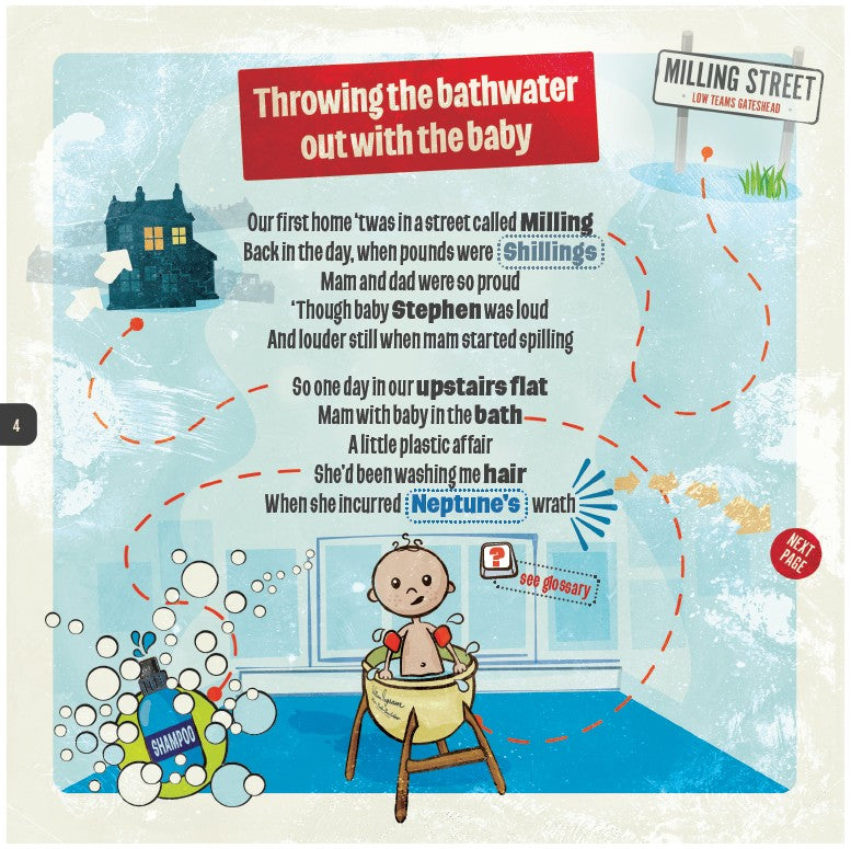 The Milling Street Tales illustrated page depicting a baby in a bathtub with humorous text about family life