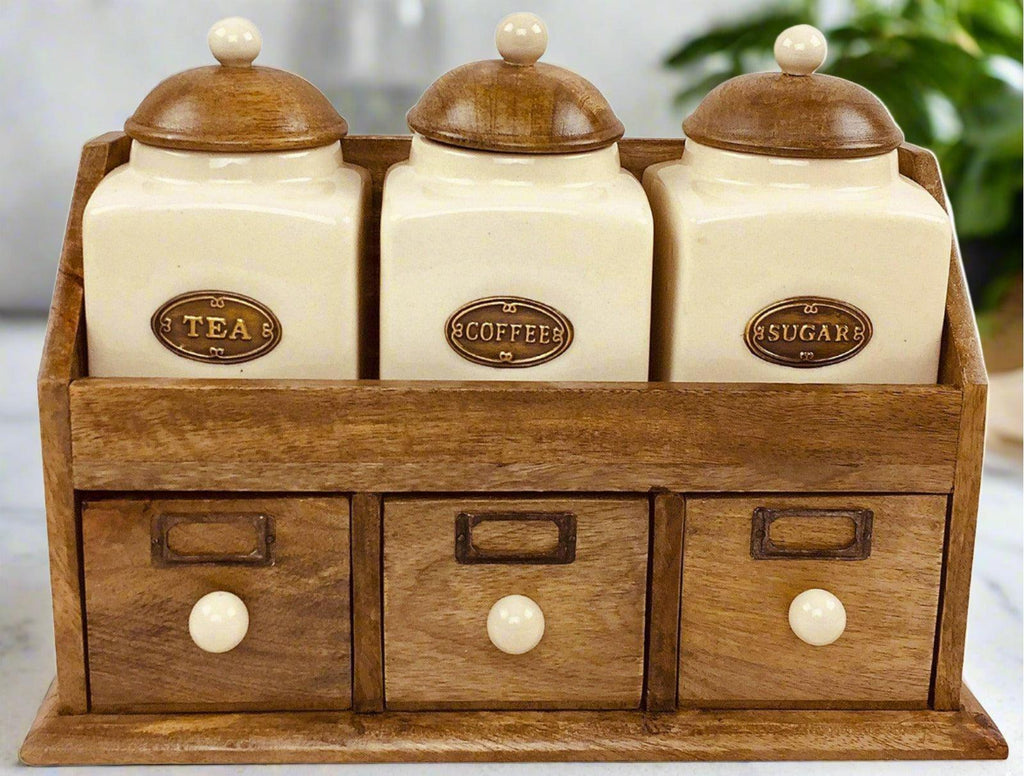 Three Ceramic Jars With Wooden Drawers Geko Products