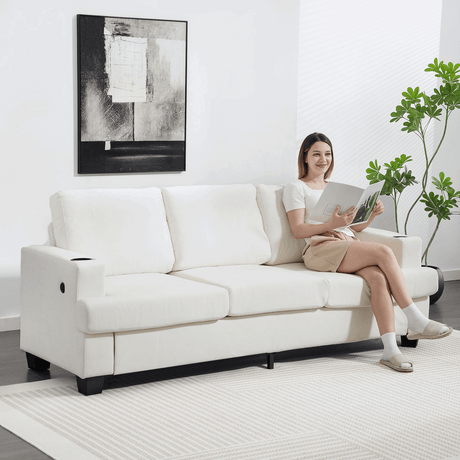 HOMCOM Three Seater Sofa, Fabric Sofa with USB Ports and Cup Holders, Cream HOMCOM