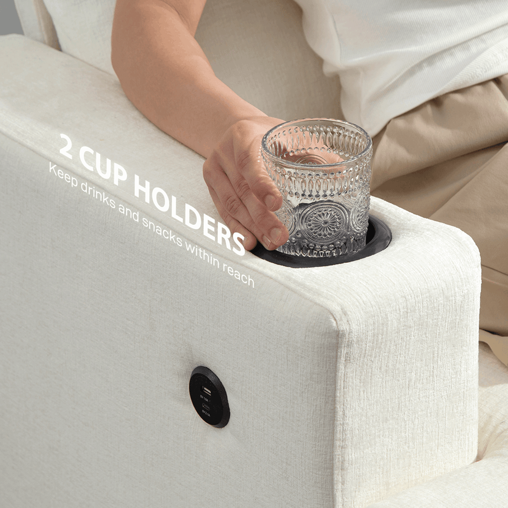 HOMCOM Three Seater Sofa, Fabric Sofa with USB Ports and Cup Holders, Cream HOMCOM