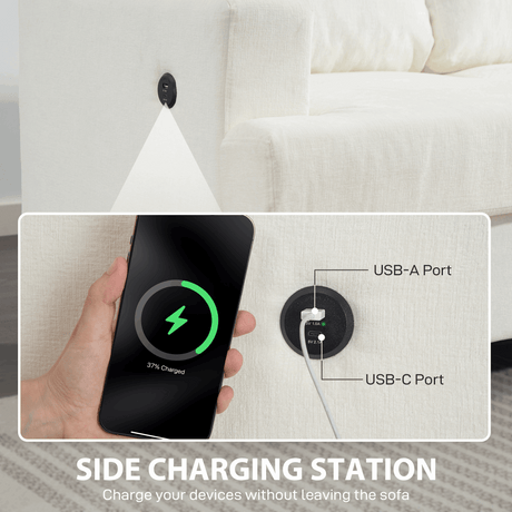 HOMCOM Three Seater Sofa, Fabric Sofa with USB Ports and Cup Holders, Cream HOMCOM