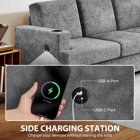 HOMCOM Three Seater Sofa, Fabric Sofa with USB Ports and Cup Holders, Grey HOMCOM