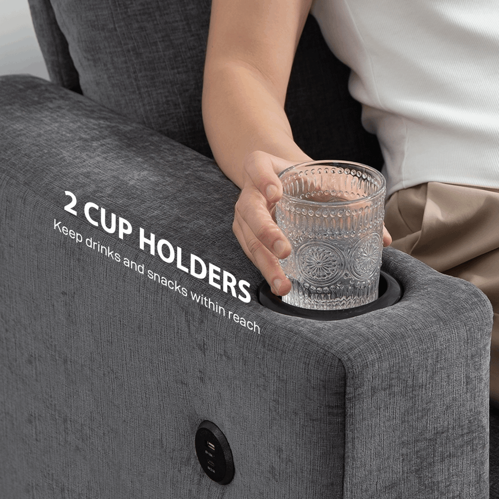 HOMCOM Three Seater Sofa, Fabric Sofa with USB Ports and Cup Holders, Grey HOMCOM