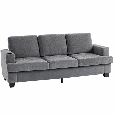 HOMCOM Three Seater Sofa, Fabric Sofa with USB Ports and Cup Holders, Grey HOMCOM