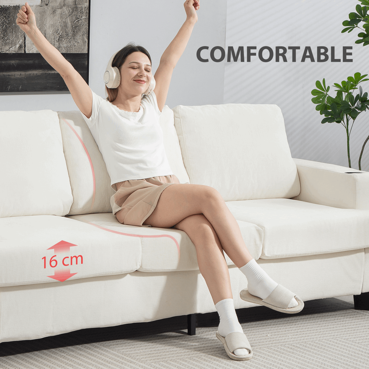 HOMCOM Three Seater Sofa, Fabric Sofa with USB Ports and Cup Holders, Cream HOMCOM