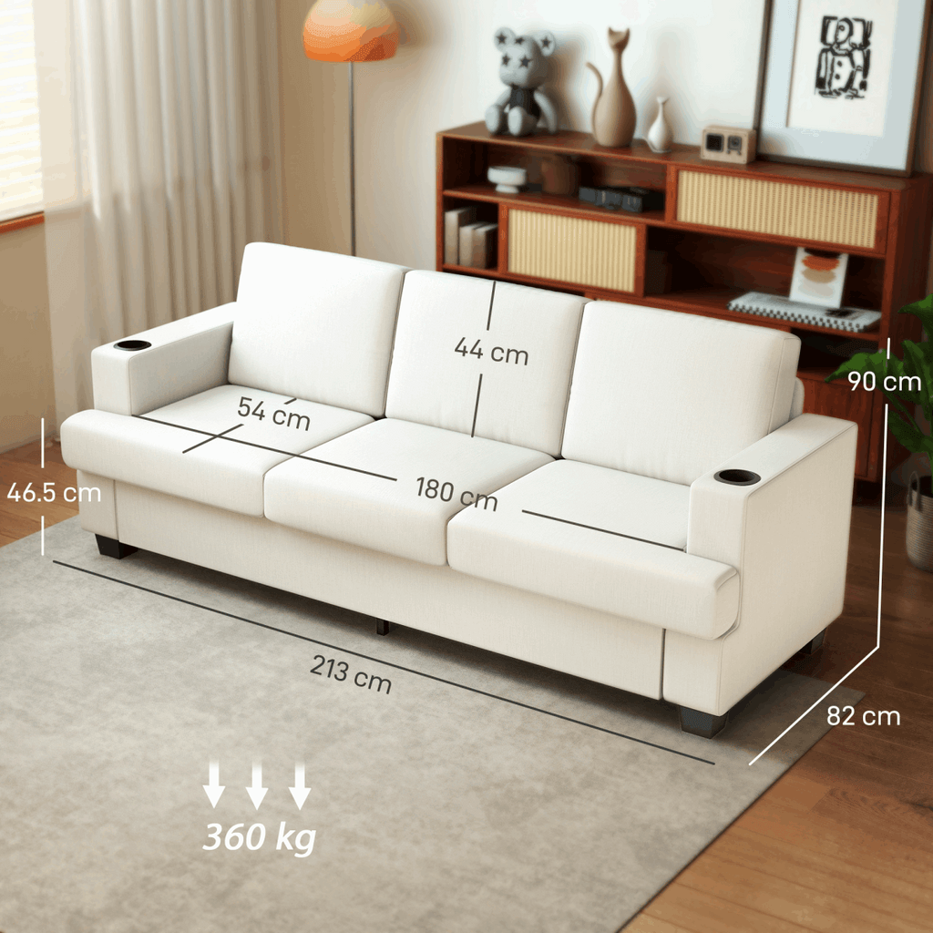 HOMCOM Three Seater Sofa, Fabric Sofa with USB Ports and Cup Holders, Cream HOMCOM
