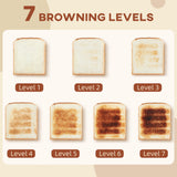 Toaster with seven browning levels displayed on slices of bread for perfect toast every time