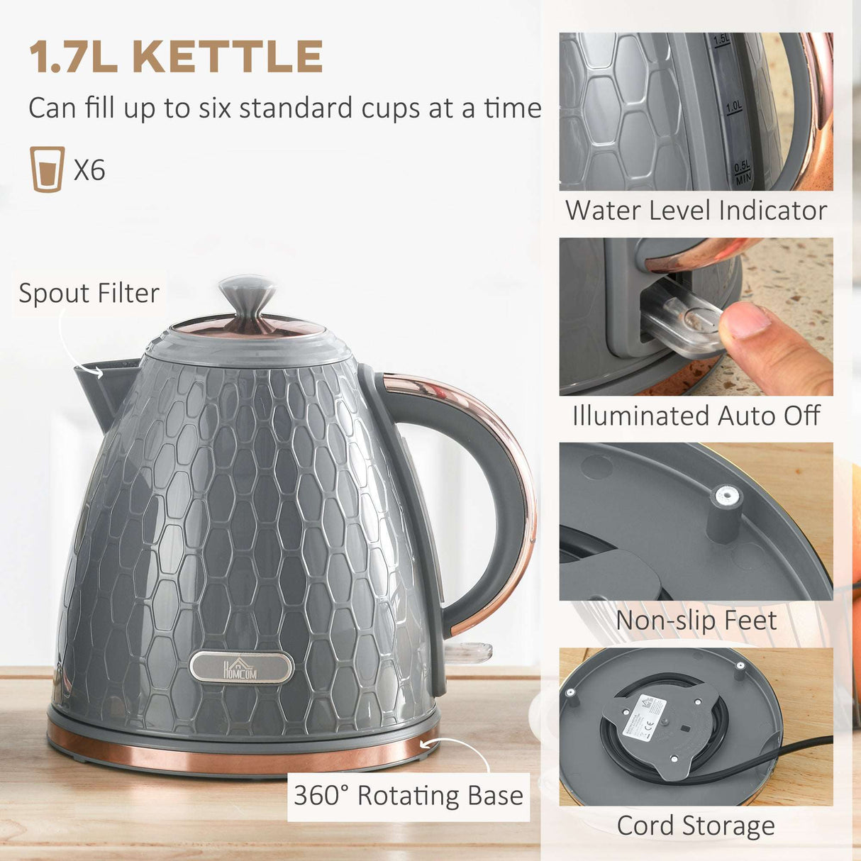 1.7L kettle with a water level indicator and 360 rotating base for a stylish toaster set