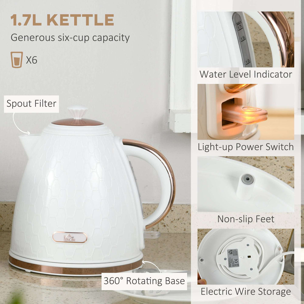 Wise Galleria 1.7L Kettle with Light-up Power Switch and 360 Rotating Base in White, part of the Toaster Set